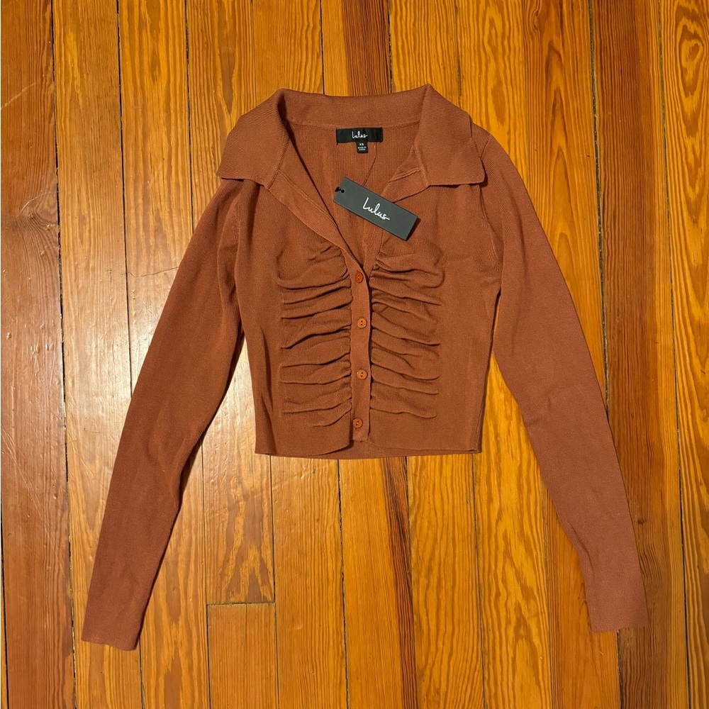 Lulus Orange Brown Ruched Crop Blouse with Collar